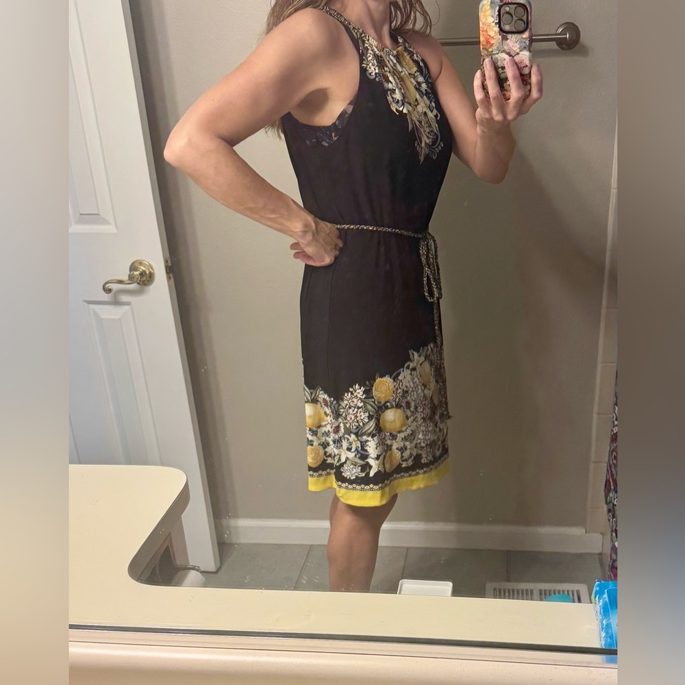 White House Black Market Black Halter Dress with Yellow Floral Trim NEW, Large - Picture 7 of 7
